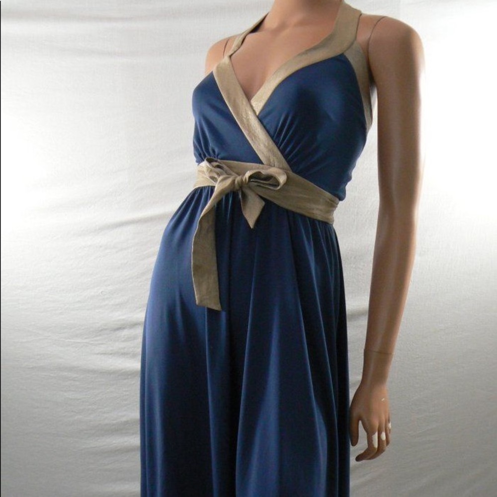 BCBG navy and gold halter dress
